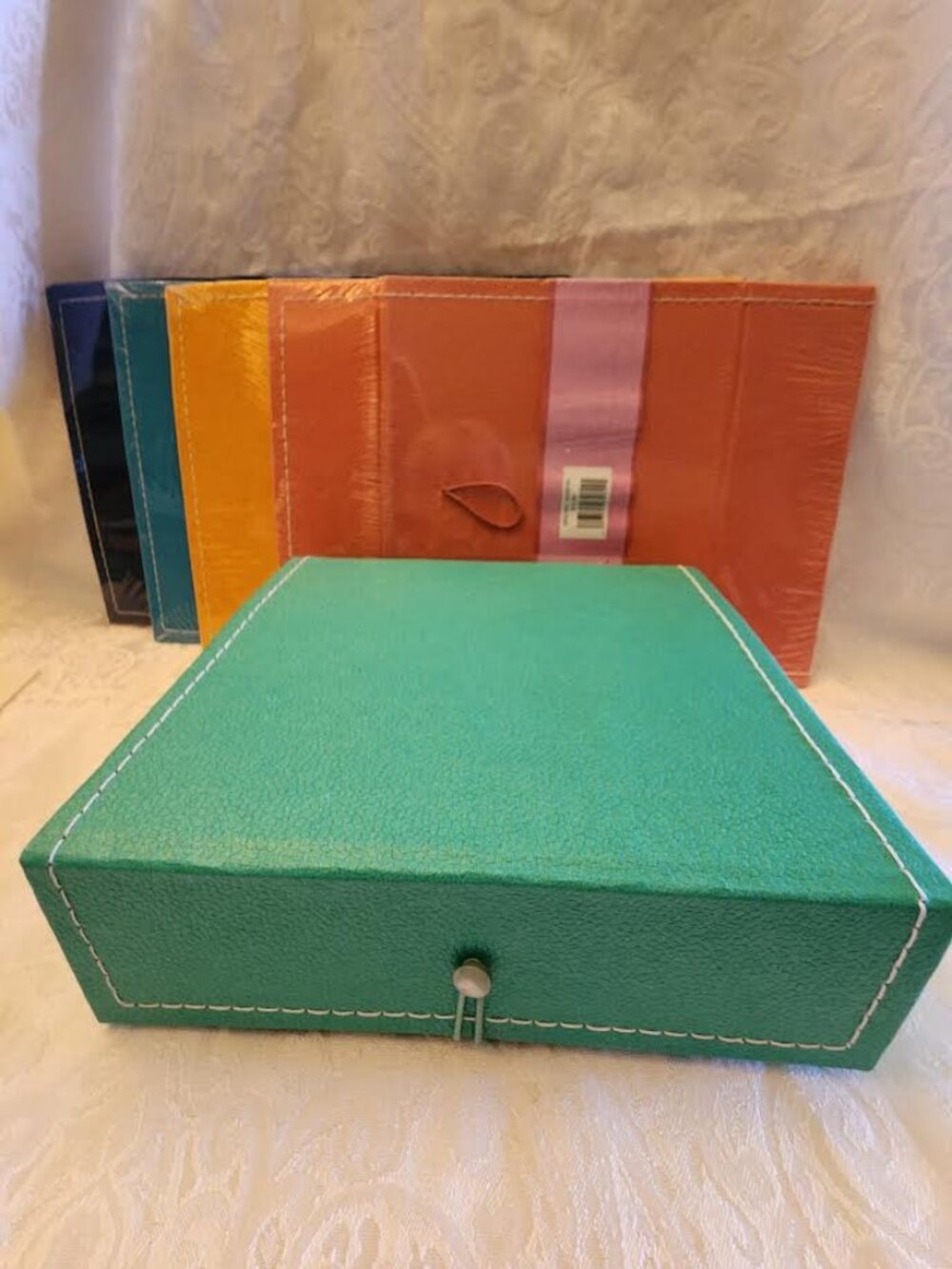 NWT-5 GIFT BOXES W/LEATHER LIKE APPEARANCE-DK BLUE/LIGHT BLUE/ORANGE/PEACH/GREEN